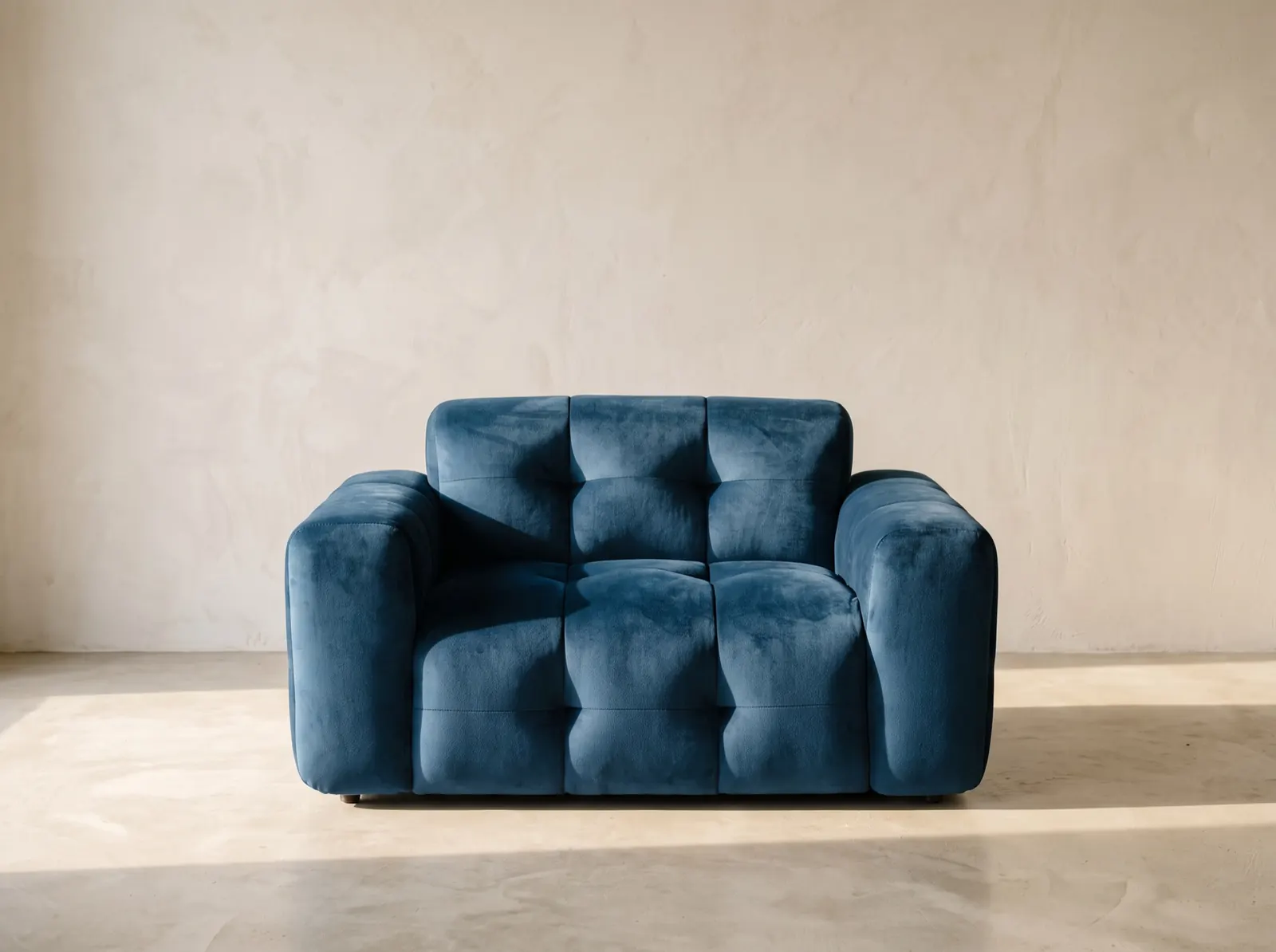 Fauteuil capitonné, velours bleu